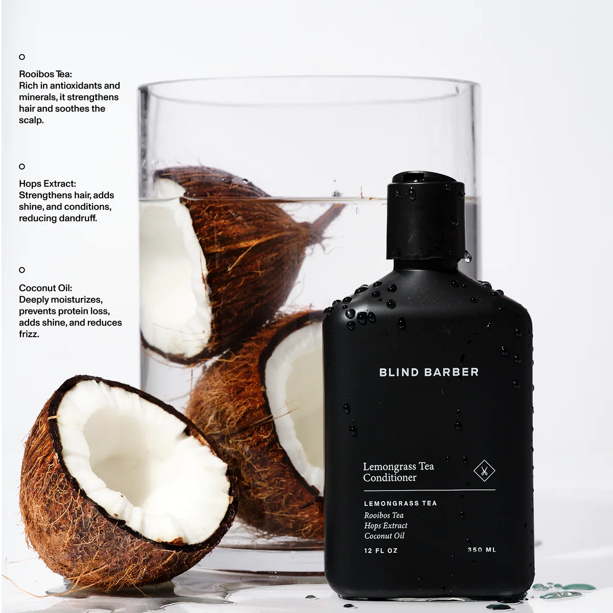 Blind Barber Lemongrass Tea Conditioner bottle with coconut halves, rooibos tea and hops extract detail, The Simple Man