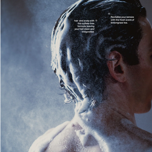 Man lathering Blind Barber Lemongrass Tea Shampoo in the shower, sulfate-free formula, The Simple Man