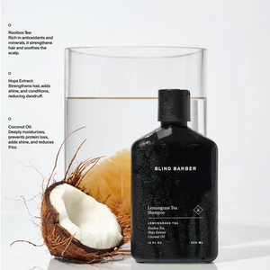 Blind Barber Lemongrass Tea Shampoo bottle with coconut halves, rooibos tea and hops extract detail, The Simple Man