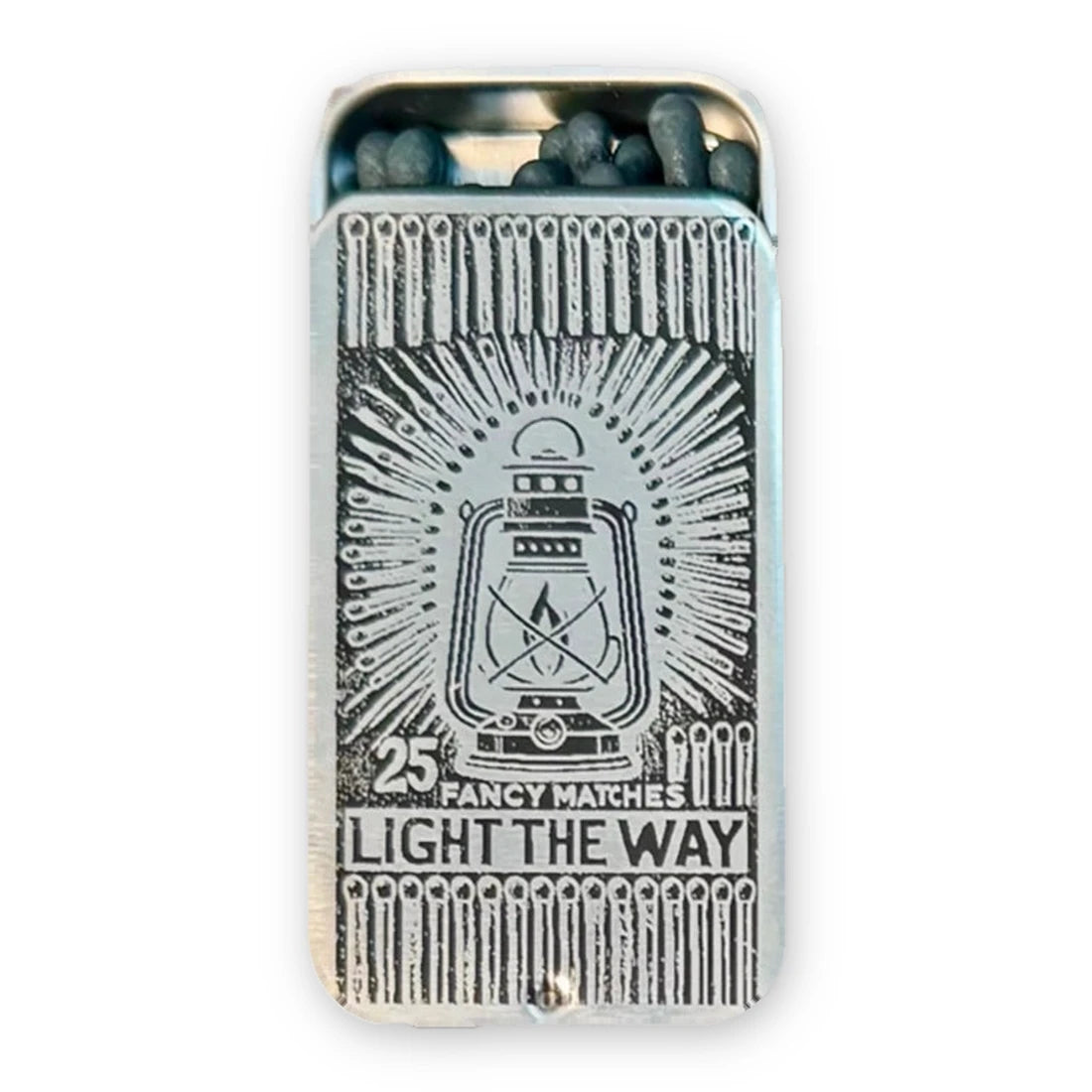 Metal matchbox with a lantern design and Light the Way on the lid, open to show dark-tipped matches