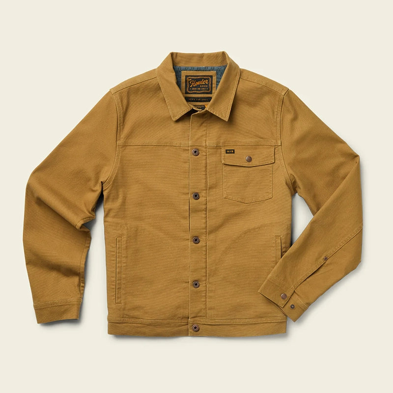 Howler Brothers Lined Depot Jacket in Aged Khaki, Flat lay view