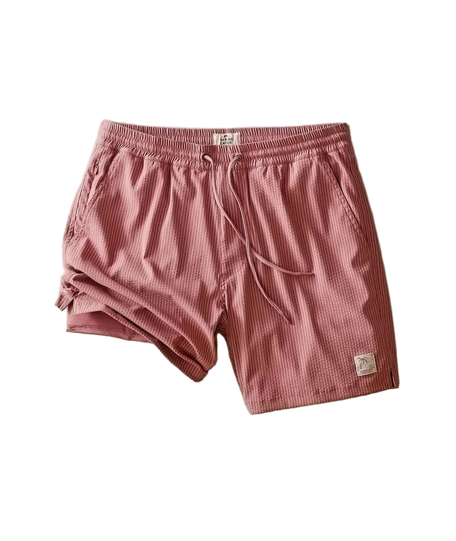 6 inch Lined Swim Short Withered Rose flat lay showing built-in liner – seersucker swim trunk – The Simple Man