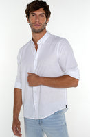 Model Wearing Liverpool Convertible Sleeve Button up shirt in White, Front angled view