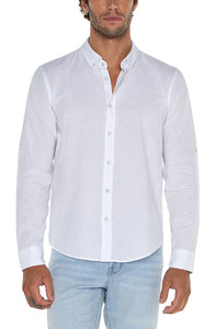 Model Wearing Liverpool Convertible Sleeve Button up shirt in White, Front  straight view
