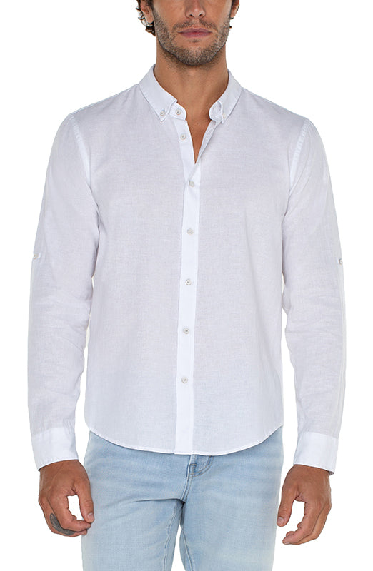 Model Wearing Liverpool Convertible Sleeve Button up shirt in White, Front  straight view