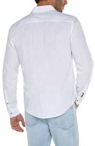 Model Wearing Liverpool Convertible Sleeve Button up shirt in White, rear view