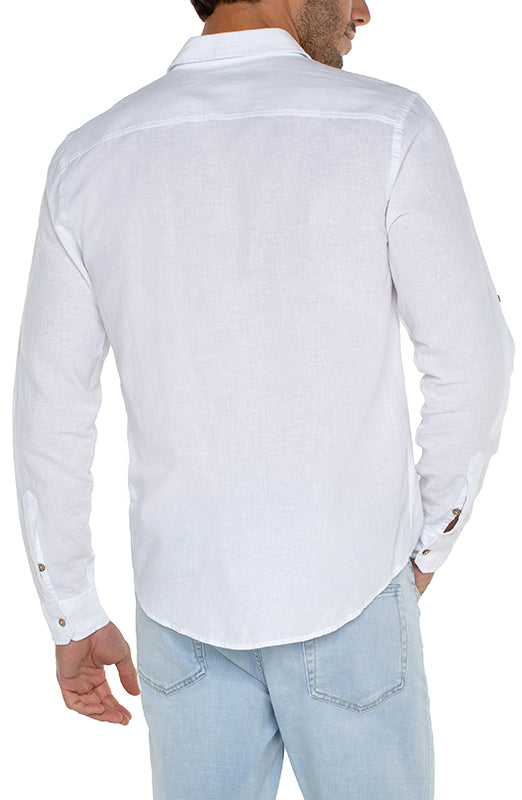 Model Wearing Liverpool Convertible Sleeve Button up shirt in White, rear view