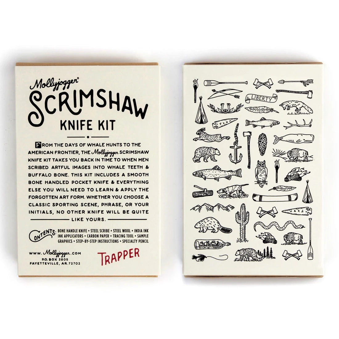 Scrimshaw Knife Kit Trapper edition packaging with illustrated sample designs on the back, shown for sale at The Simple Man