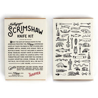 Scrimshaw Knife Kit Trapper edition packaging with illustrated sample designs on the back, shown for sale at The Simple Man