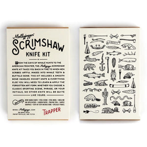 Scrimshaw Knife Kit Trapper edition packaging with illustrated sample designs on the back, shown for sale at The Simple Man