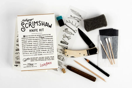 Scrimshaw Knife Kit Lock-Back edition with bone-handled pocket knife, India ink, scribe, wool, transfer paper, and tools included in the kit.