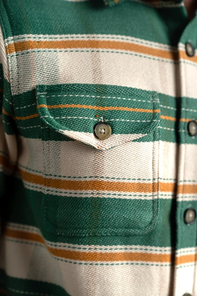 Men’s cotton work shirt chest pocket with button flap and stripe pattern