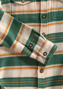 Heavyweight cotton men’s shirt sleeve showing green and tan stripe weave