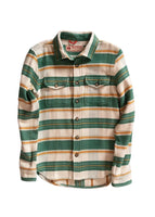 Green striped heavyweight cotton men’s shirt with dual chest pockets flat lay