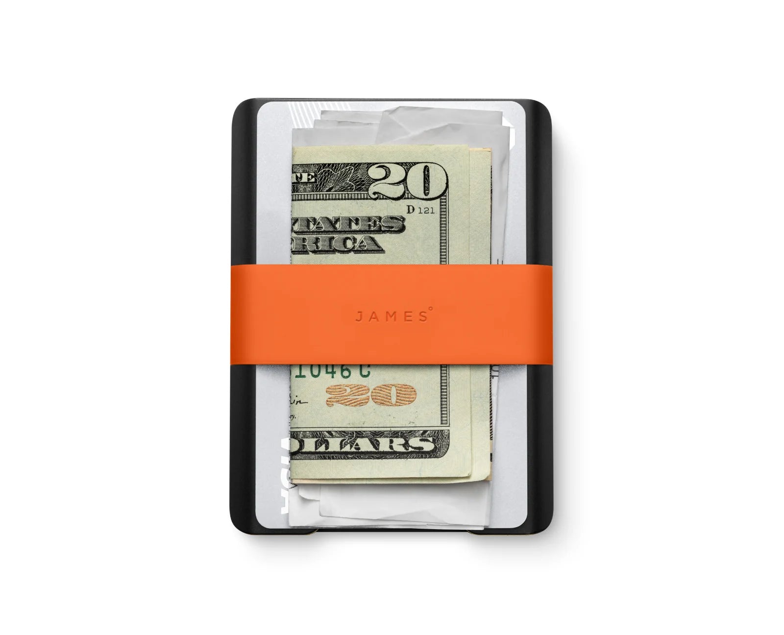 Back view of The Lowe slim wallet holding cash and cards under the orange silicone band