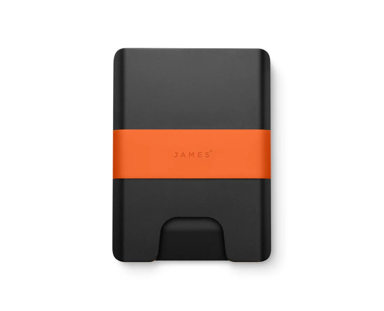 Front view of The Lowe slim aluminum wallet in black with an orange silicone band