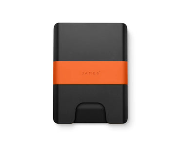 Front view of The Lowe slim aluminum wallet in black with an orange silicone band