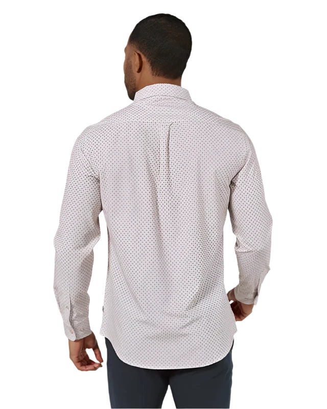 Model wearing 7 Diamonds Lucian Long sleeve shirt, off white, rear view