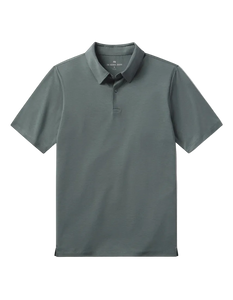 The Normal Brand LuxeJersey Polo Mediterranean Green flat lay – men's 77% polyester 19% lyocell stretch performance polo with side slits