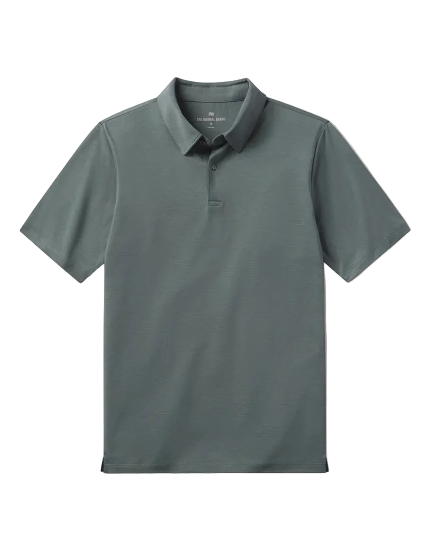 The Normal Brand LuxeJersey Polo Mediterranean Green flat lay – men's 77% polyester 19% lyocell stretch performance polo with side slits