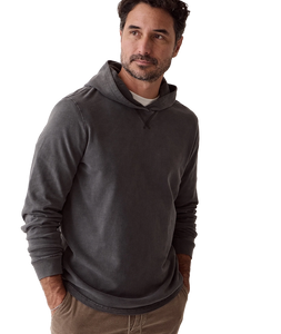 Man wearing Luxe Slub Hoodie in Asphalt, upper body close-up showing hood and neckline - The Simple Man