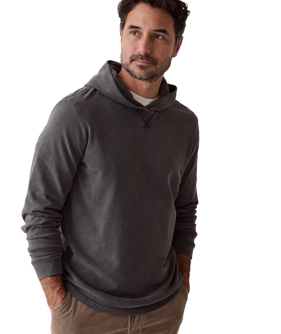 Man wearing Luxe Slub Hoodie in Asphalt, upper body close-up showing hood and neckline - The Simple Man