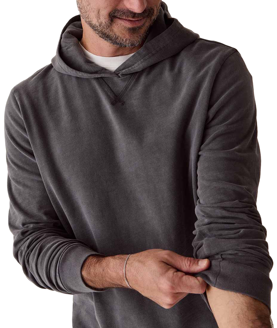 Close-up of Luxe Slub Hoodie in Asphalt hood and cuff detail on man wearing bracelet - The Simple Man