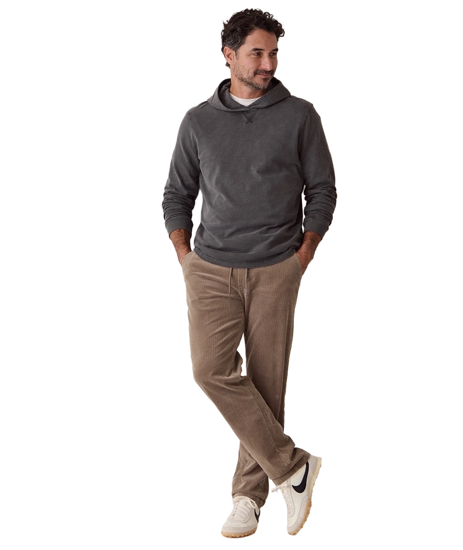 Man wearing Luxe Slub Hoodie in Asphalt full length, styled with corduroy pants and sneakers - The Simple Man
