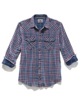 Indigo and red plaid Desert Son Marbury western shirt laid flat with sleeves cuffed showing contrast lining, The Simple Man