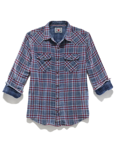 Indigo and red plaid Desert Son Marbury western shirt laid flat with sleeves cuffed showing contrast lining, The Simple Man