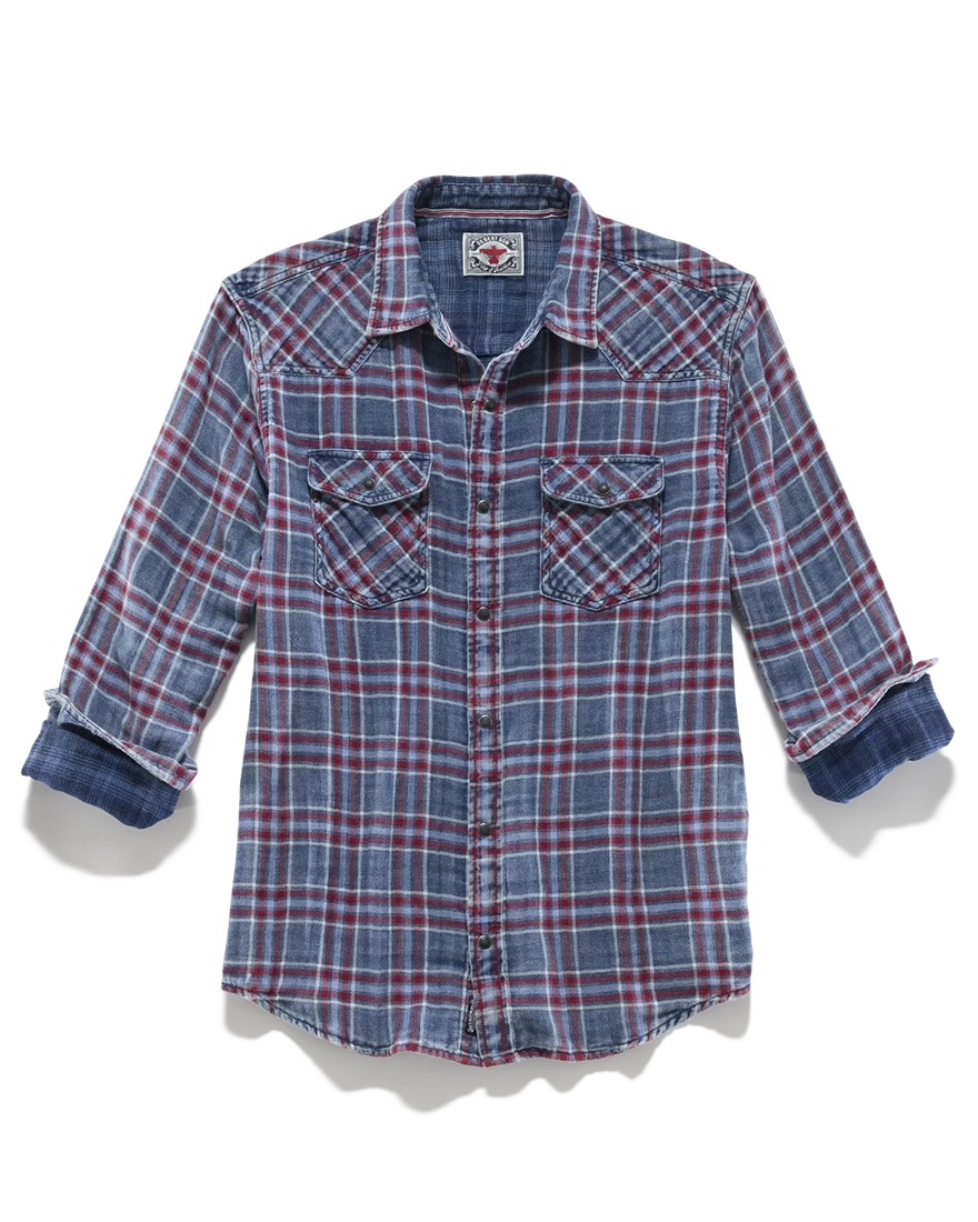 Indigo and red plaid Desert Son Marbury western shirt laid flat with sleeves cuffed showing contrast lining, The Simple Man