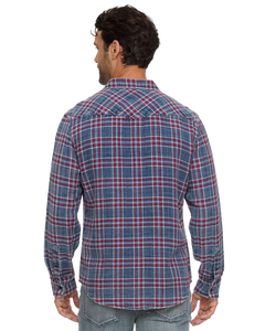 Indigo and red plaid Desert Son Marbury western shirt, back view on model, The Simple Man