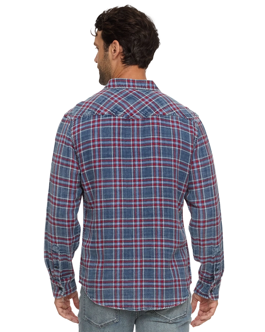 Indigo and red plaid Desert Son Marbury western shirt, back view on model, The Simple Man