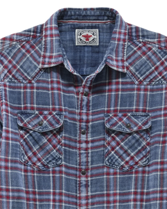 Indigo and red plaid Desert Son Marbury western shirt, close-up of snap buttons and chest pocket detail, The Simple Man