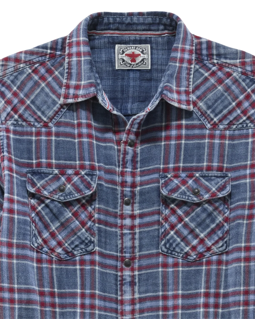 Indigo and red plaid Desert Son Marbury western shirt, close-up of snap buttons and chest pocket detail, The Simple Man