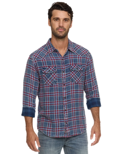 Indigo and red plaid Desert Son Marbury western shirt, front view on model, The Simple Man