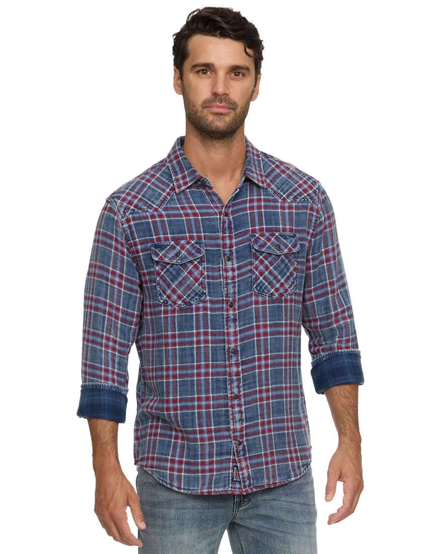 Indigo and red plaid Desert Son Marbury western shirt, front view on model, The Simple Man