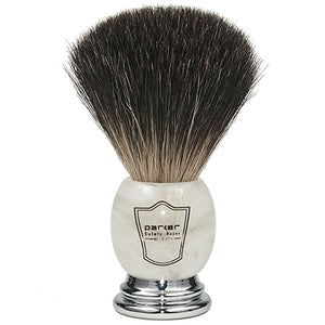Parker Ivory Marbled Black Badger shaving brush with chrome base, shown upright to highlight the dense bristles.