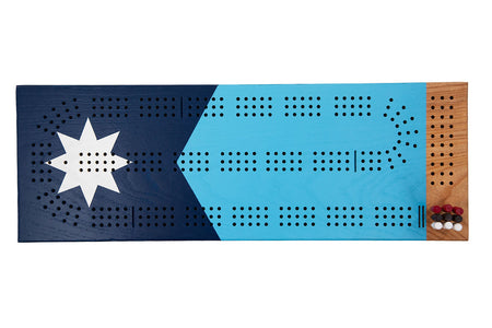 Top view of Minnesota Flag Cribbage Board painted in blue tones with scoring tracks and pegs displayed
