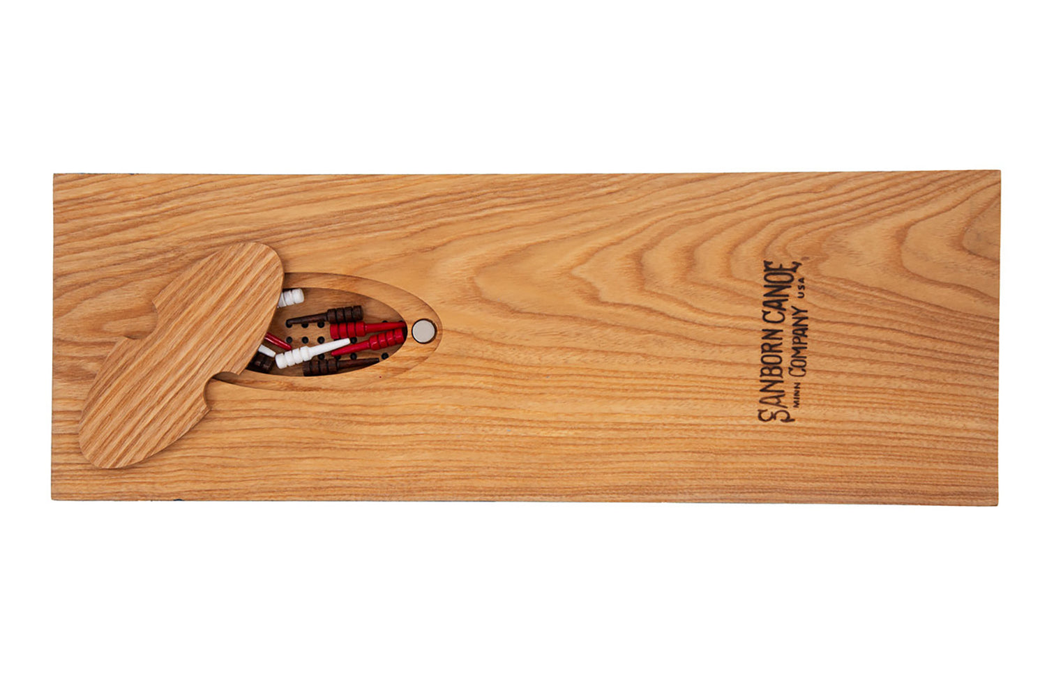 Hardwood Minnesota Flag Cribbage Board showing open magnetic peg storage compartment with included pegs
