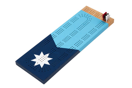 Angled view of Minnesota Flag Cribbage Board highlighting painted design, hardwood end, and peg set.”