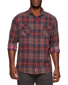 Model wearing Morrisville Flannel shirt in Wine/navy, front view