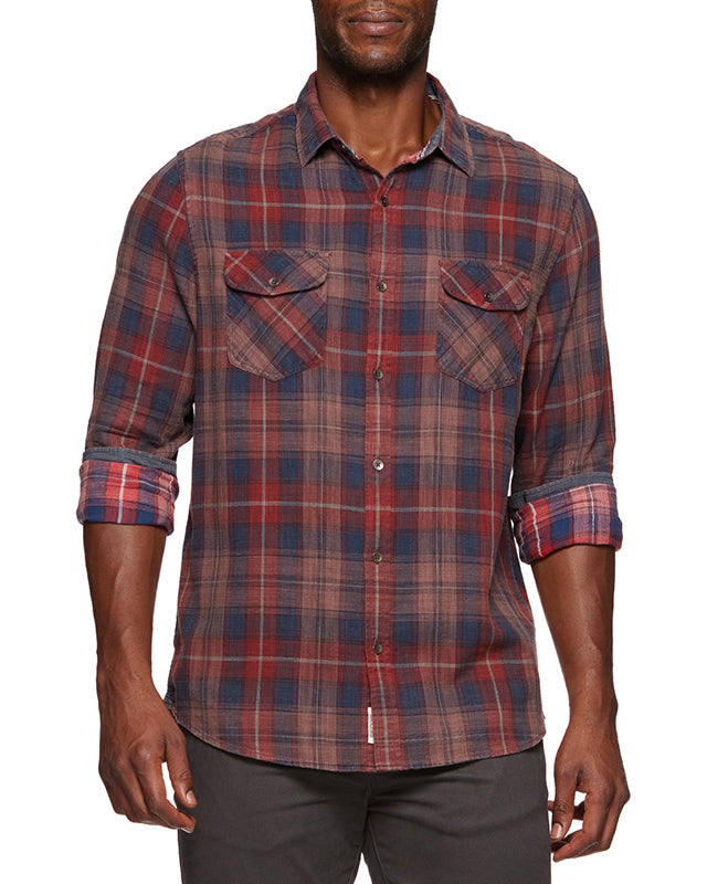 Model wearing Morrisville Flannel shirt in Wine/navy, front view