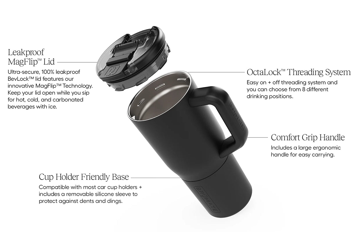 Brumate MUV 25oz mug in Matte Black, features callout infogaphic