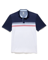 Flag & Anthem MVP Performance Polo Coronado Chest Stripe flat lay – men's navy and white stretch jersey golf polo with colorblock chest stripe
