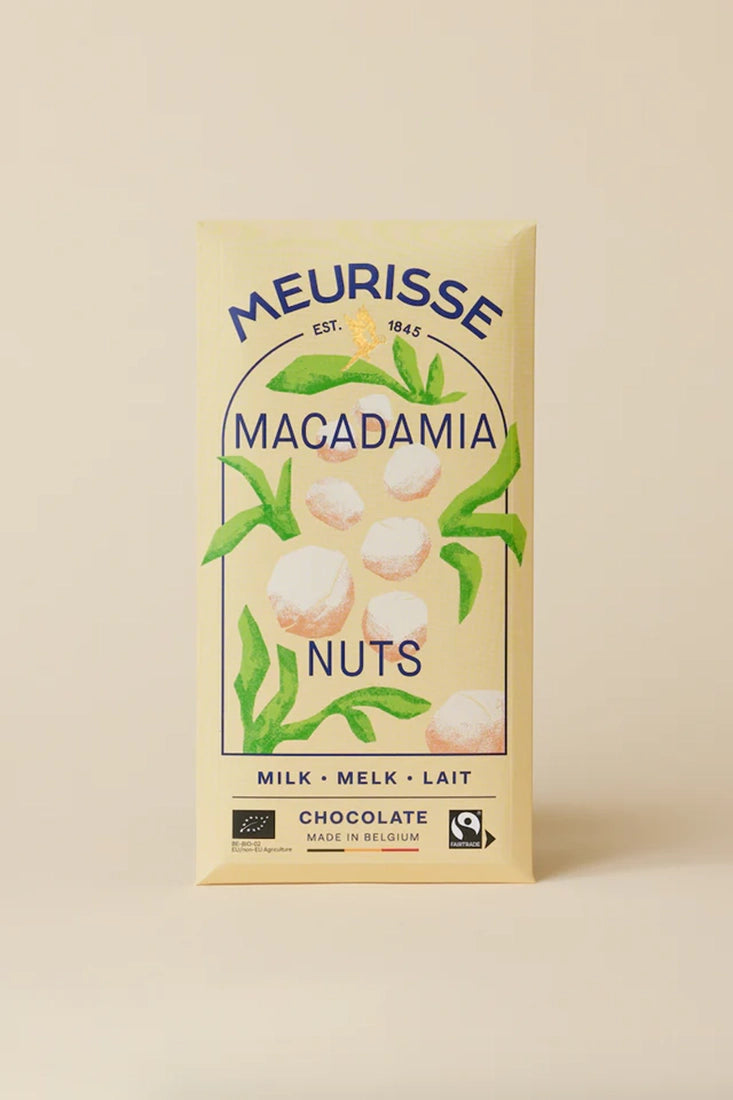Meurisse Milk Chocolate Bar with Macadamia Nuts – Organic Belgian chocolate available at The Simple Man Omaha, artisan treats and gifts for men.”