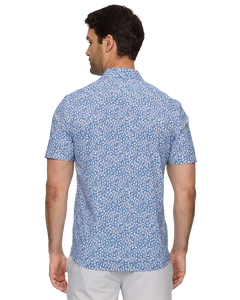 Back view of Flag and Anthem MadeFlex Journey Shirt in blue floral print – moisture-wicking wrinkle-free stretch button-down men's short sleeve
