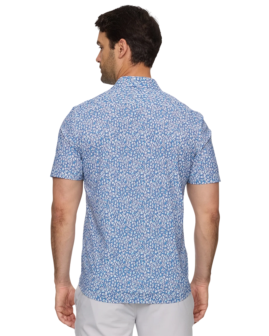 Back view of Flag and Anthem MadeFlex Journey Shirt in blue floral print – moisture-wicking wrinkle-free stretch button-down men's short sleeve
