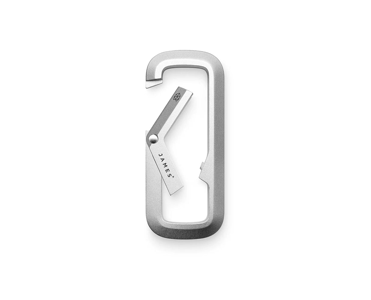 Open view of silver Madison carabiner by The James Brand – dual compartment aluminum design for key security