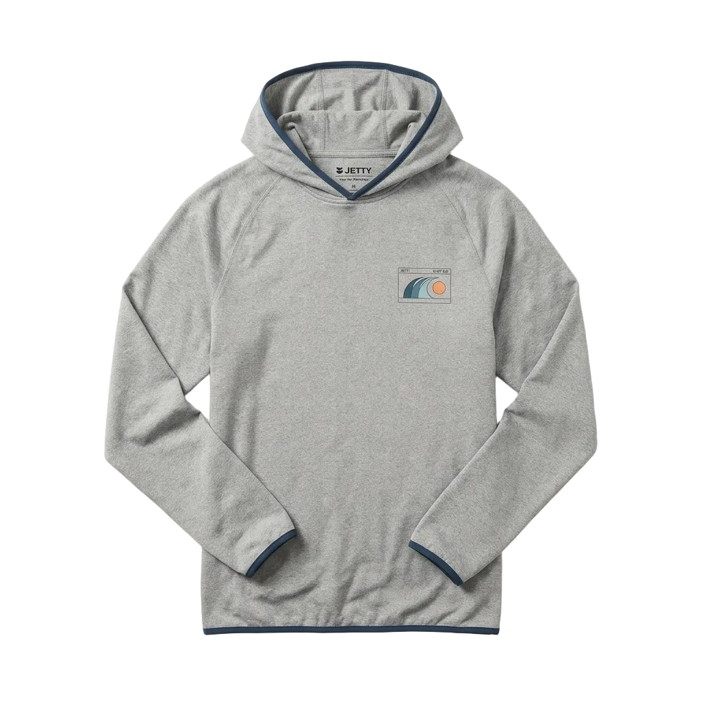 
Mahi UV Tech Hoodie Grey front flat lay – UPF 50 recycled polyester performance hoodie – The Simple Man